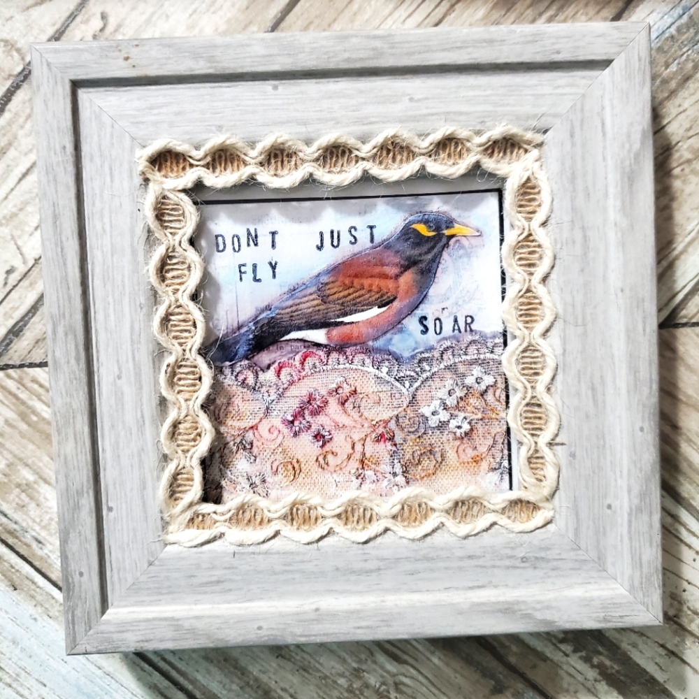 😀 HAND CRAFTED Collage wall art mixed media 4x4 bird theme
